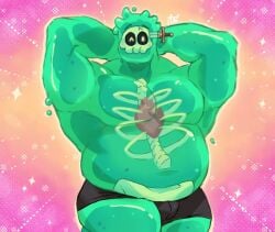 1boy anthro anx1etyy1 belly belly_button big_belly blush bottomwear boxers bulge chubby chubby_male dad_bod dagger doug_(monster_prom) doug_campbell dripping dripping_slime heart looking_at_viewer male male_only monster monster_boy monster_con monster_prom moobs musclegut muscles pecs pose posing_for_the_viewer redraw shorts skull slime slime_boy slime_monster solo_male teal_body topless translucent translucent_body viewed_from_below wink
