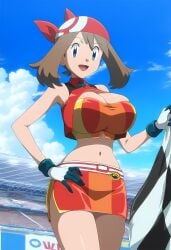 ai_art ai_generated anime_style bandana big_breasts bikini_top brown_hair cleavage female flag gamefreak gloves hand_on_hip huge_breasts human large_breasts may_(pokemon) mayday_(artist) nintendo pokemon pokemon_(anime) race_queen smile