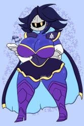 2023 anthro black breasts cleavage colored colored_skin female female_knight genderswap genderswap_(mtf) hair kirby_(series) knight lewdchuu_(artist) looking_at_viewer masked masked_female meta_knight milf rule63 rule_63 sclera signature skirt solo standing tagme thick_thighs yellow_eyes