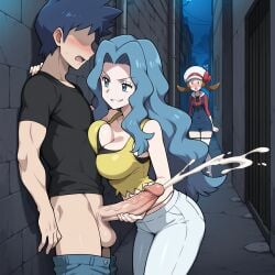 1boy 1boy1girl 1girls 2girls against_wall ai_generated alley big_breasts big_penis breast_press caught caught_in_the_act cleavage cum cumshot faceless_male futos9669 handjob karen_(pokemon) lyra_(pokemon) night pokemon pokemon_hgss smirk tagme veiny_penis