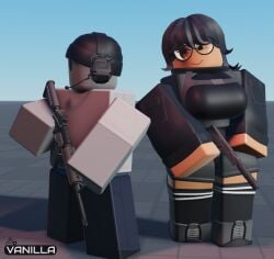 1boy 1girls 3d baseplate breasts clothed dummu_(vanilla1145) gun koy_(vanilla1145) original_character original_characters roblox robloxian tagme thighs vanilla1145 watermark