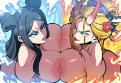 ai_generated big_breasts black_hair black_maria blonde_hair breast_contest breast_press breasts breasts_bigger_than_head duo fairy_tail female female_focus female_only huge_breasts large_breasts minerva_orlando mullon novelai one_piece rivalry topless