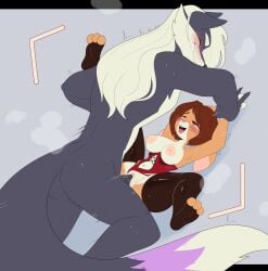 anthro apinkgrape areola ass balls blush bodily_fluids breasts canid canine canis clenched_teeth clitoral_hood clitoris closed_eyes clothing corset digital_media_(artwork) duo erection female female_penetrated fox from_front_position fur genital_fluids genitals hair hand_holding hi_res holding_leg humanoid_genitalia humanoid_penis larger_male legwear lingerie looking_pleasured lying male male/female male_penetrating male_penetrating_female mammal missionary_position mostly_nude navel nipples nude on_back open_mouth penetration penile penile_penetration penis penis_in_pussy pussy sex simple_background size_difference smaller_female smaller_penetrated smile spread_legs spreading stockings tail teeth tongue tongue_out topwear vaginal_penetration vaginal_penetration wolf