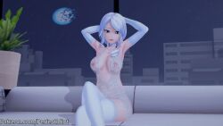 blue_eyes collar couch koikatsu lingerie long_gloves milf moon perfect_idiot rwby see-through_clothing shattered_moon thick_thighs white_hair willow_schnee