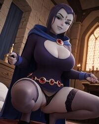 1girls 3d ai_generated alternate_version_at_source alternate_version_available amelia_artt big_breasts boob_window breasts cleavage looking_at_viewer panties_aside pussy pussy_juice pussy_juice_drip raven_(dc) raven_(teen_titans) solo squatting teen_titans thighhighs thighs