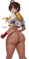 1girls alternate_version_available ass ass_focus big_ass bottomless breasts brown_eyes brown_hair capcom female female_focus female_only from_behind g.a.m gloves headband huge_ass looking_back no_panties sakura_kasugano school_uniform schoolgirl short_hair solo solo_female solo_focus street_fighter thick thick_ass thick_thighs tomboy