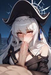ai_generated arknights blowjob blowjob_face blush cum_in_mouth cum_inside hexd horny_female large_penis red_eyes shark_girl specter_(arknights) tremble_lines tremble_spikes veiny_penis white_hair
