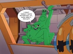 2_fingers 2_heads 2_toes 3_balls 3_buttcheeks 3_feet 3_legs absurd_res alien alien_anatomy alien_genitalia alien_humanoid anthro ass balls balls_on_desk balls_on_object bell bending bent_legs bob-jiggles brett_(elliott_from_earth) cartoon_network clothes_hanger clothing desk detailed_background dialogue elliott_from_earth english_text erection feet fingers frown frowning_at_another frowning_at_viewer furniture genitals grabbing_object green_body half-closed_eyes handrail hi_res holding_on humanoid humor hung_clothing kane_(elliott_from_earth) looking_at_another looking_at_viewer male markings mouth_closed multi_balls multi_genitalia multi_head narrowed_eyes nude nude_male on_desk open_mouth penis purple_mouth purple_tongue smile smiling_at_another smiling_at_viewer smirk smirking_at_another smirking_at_viewer solo spacesuit speech_bubble spots spotted_body spread_legs spreading table talking_to_another teeth teeth_showing text toes tongue