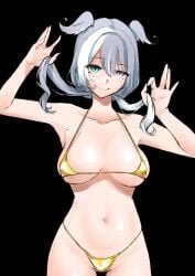 1girls bare_shoulders belly_button bikini black_background blue_hair elira_pendora exposed_shoulders female golden_bikini hair_in_mouth head_wings hi_res highres medium_breasts mole mole_on_armpit navel nijisanji nijisanji_en solo solo_female solo_focus swimsuit swimwear thigh_gap tummy twintails two_tone_hair virtual_youtuber white_hair yarashi_thought