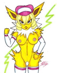 2010 anthro black_nose blonde_hair breasts color domino_(pokemon) female female_only front_view fur furry furry_breasts furry_ears hair hat ivanks jolteon looking_at_viewer nintendo nipples open_eyes pink_nipples pointy_ears pokemon pokemon_transformation pubic_hair purple_eyes solo standing team_rocket transformation