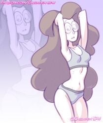 biting_lip blush cartoon_network chickpea clarence curly_hair female female_focus glasses limited_palette melanie_baker underwear