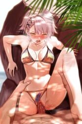 1boy alternate_costume art_undertaker bikini bikini_bottom_aside blush breasts breasts_apart clothing_aside commander_(girls'_frontline) commentary english_commentary female girls'_frontline girls'_frontline_2:_exilium gold_bikini grey_hair hair_ornament highres medium_breasts navel one_eye_closed open_mouth penis pov sex short_hair stomach straight swimsuit uncensored vaginal_penetration vector_(girls'_frontline) vector_(girls'_frontline_2) x_hair_ornament yellow_eyes