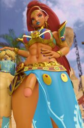 1boy 1futa 3d abs blonde_hair breath_of_the_wild dark-skinned_futanari dark_skin femboy futanari gerudo gerudo_link girly larger_futanari link link_(breath_of_the_wild) link_(tears_of_the_kingdom) male muscular muscular_futanari penis penis_out red_hair size_difference smaller_male the_legend_of_zelda urbosa vensaku