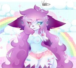 1girls abstract_background animation_meme_community anthro bandage bandaged_leg bandaid black_ears blue_clothing blue_shirt blue_topwear bottomwear breasts cheek_marks clothing cloud cosmic_hair ear_piercing edit ethereal_hair female fox fox_ears gesture heart heart-shaped_pupils heterochromia hi_res hotpants navel nipple_outline nipples piercing pink_bottomwear pink_clothing pink_shorts purple_hair rainbow rossali rossali_(artist) shirt shorts signature solo third-party_edit translucent translucent_clothing v_sign visible_nipples