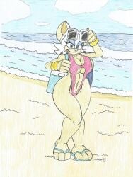 anklet bat_girl bat_humanoid bat_wings beach beach_background beach_day beige_body beige_fur big_breasts big_hips bikini bikini_only blue_eyes eyelashes eyeshadow lipstick looking_at_viewer marlon64 rouge_the_bat seaside slippers smiling_at_viewer sonic_(series) sunglasses_on_head swimsuit traditional_drawing_(artwork) white_fur white_hair winged_humanoid