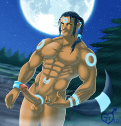 2010 abs black_fur black_hair bracelet brown_skin closed_mouth color eeveelution erection fur furry_tail glowing_fur glowing_skin hair jaytee looking_at_viewer male male_only moon muscles night nintendo nude open_eyes outdoors penis pointy_ears pokemon pokemon_(species) sky solo standing tail testicles tree umbreon yellow_eyes