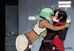 2girls against_wall ai_generated assertive_female belt black_hair blush breast_press breasts bulge cape closed_eyes clothed_sex crop_top dark-skinned_female dark_skin dress emerald_sustrai english_text erection erection_under_clothes from_side futa_with_female futanari green_hair heart heavy_breathing holding_another's_wrist implied_futanari interracial kissing large_breasts long_hair midriff multiple_girls pants patreon_logo patreon_username penis precum red_cape red_hair ruby_rose rwby short_hair speech_bubble surprised sweat tillian underwear watermark web_address white_pants yuri