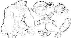 anal anthro anus ass balls belly big_dom_small_sub big_penis black_and_white bodily_fluids cum cum_in_ass cum_inside dominant duo ear_piercing erection feet genital_fluids genitals hair haplorhine heart_symbol lying male male/male mammal mintmonkey monkey monochrome mustelid on_back otter pandottermon penis piercing primate simple_background size_difference vein veiny_penis white_background