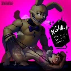 animatronic anthro bed belly blush bodily_fluids bodysuit buckteeth clothing cum cum_drip dialogue dripping duo ears_down erect_nipples female five_nights_at_freddy's five_nights_at_freddy's_3 furniture genital_fluids hi_res lagomorph leash leash_pull leporid machine male male/female mammal nipples orfisimping pivoted_ears rabbit robot saliva scottgames sex skinsuit small_waist spring_bonnie_(fnaf) springtrap_(fnaf) tail teeth tight_clothing torn_clothing