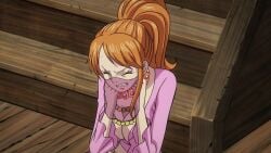 2d 2d_(artwork) animated bondage bondage bound breasts cleavage collar female female_focus female_only light-skinned_female light_skin nami_(one_piece) one_piece orange_hair slave_collar solo solo_female solo_focus struggling struggling_to_get_out
