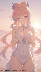 ai_generated beach blush breast breast_grab female genshin_impact girl hoyoverse large_hair long_hair luka45 mihoyo navel patreon patreon_reward patreon_url patreon_username pink_hair ribbon sangonomiya_kokomi smile smiling smiling_at_viewer standing sunset swimsuit touching_breast
