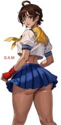 1girls ass ass_focus big_ass bottomless_skirt breasts brown_eyes brown_hair capcom female female_focus female_only from_behind g.a.m gloves headband huge_ass looking_back no_panties sakura_kasugano school_uniform schoolgirl short_hair skirt solo solo_female solo_focus street_fighter thick thick_ass thick_thighs tomboy