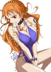 blue_dress bondage bondage bound breasts captured captured_heroine collar dress femsub gag hair kyabakurabakufu light-skinned_female light_skin long_hair nami_(one_piece) one_piece orange_hair sexy solo solo_female solo_focus tattoo tattooed_arm tattoos thick_thighs thighs