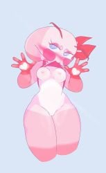 big_thighs biting_clothes biting_shirt blush dandy's_world female genderswap_(mtf) heart-shaped_pupils heart_nipples roblox_game rule_63 shrimp shrimpo_(dandy's_world) shrimpopussy solo_female tagme