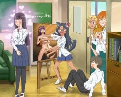 1boy 5girls classroom clothed clothing female gamo-chan hayase_nagatoro male naoto_hachioji_(senpai) nude painting please_don't_bully_me,_nagatoro sakura_(nagatoro) sana_sunomiya school_uniform yoshi_(nagatoro)