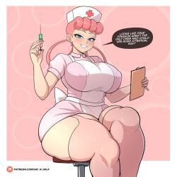 1girls big_breasts blue_eyes blush breasts clipboard daf_n_half english english_text female female_only garter_straps hair hat headwear hips holding_object huge_breasts legwear nipple_bulge nurse nurse_cap nurse_clothing nurse_hat nurse_joy nurse_uniform pink_hair pink_thighhighs pokemon pokemon_(anime) smile solo solo_female speech_bubble syringe text thick_thighs thighhighs thighs wide_hips