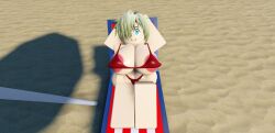 1girls 3d 3d_(artwork) areola areola_slip areolae areolae_slip beach big_boobs big_breasts bikini blonde_hair blue_eyes boobs breasts female female_focus female_only hair_over_one_eye huge_boobs huge_breasts looking_at_viewer lying lying_on_back red_bikini roblox robloxian smile solo solo_female