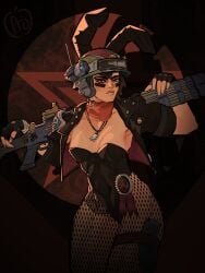 1girls applesauce_jack bandana borderlands borderlands_3 brown_hair bunnysuit clothes dogtags facepaint fingerless_gloves fishnet_legwear gun helmet leather_jacket looking_at_viewer moze_(borderlands) tattoo
