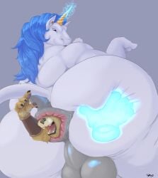 2025 almost_fully_inside anal anal_vore anthro anus artist_name ass balls black_anus black_balls black_nose black_perineum blue_eyes blue_mane butt_grab claws colored disembodied_hand duo equid equine felid feline fur genitals grey_background hand_on_butt hi_res horn larger_pred looking_back low-angle_view magic_hand male male/male mammal mane mythological_creature mythological_equine mythology nude_pred nude_prey open_mouth pandottermon perineum pink_anus puffy_anus raised_tail simple_background size_difference spread_butt spreading tail tan_body tan_fur teeth text tongue unicorn vore wet white_body white_fur