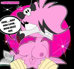 2025 annoyed anthro avian beak big_breasts bird black_eyes book book_and_boob bow_accessory bow_ribbon breasts dialogue digital_media_(artwork) english_text eyelashes eyeshadow female flamingo flamma genitals grey_eyeshadow hi_res holding_object huge_breasts jdone makeup meme navel navel_piercing nipples non-mammal_breasts non-mammal_nipples nude nude_anthro nude_female piercing pink_body pink_nipples pussy simple_background solo speech_bubble teeth text thick_thighs wide_hips
