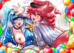2d 2d_(artwork) 2girls artist_request big_breasts blue_eyes blue_hair breasts breasts_out clothed clothed_female clothing female female_focus female_only flashing_breasts fully_clothed hat hatsune_miku kasane_teto kasane_teto_(sv) large_breasts mesmerizer_(vocaloid) mesmerizer_miku mesmerizer_teto red_eyes red_hair synthesizer_v twin_drills twintails utau vocaloid