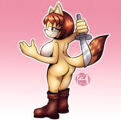 absurd_res anthro big_breasts blade boots breasts canid canine clothing culpeo_fox fan_character female footwear fox hi_res k4non mammal nipples nude raised_tail sega shoes smile smiling_at_viewer solo sonic_the_hedgehog_(series) south_american_fox tail vasquez_the_culpeo weapon