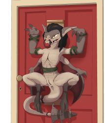 absurd_res anthro big_ears bondage bondage bound claws deadlock door facial_piercing female female_focus flat_chested gargoyle genitals hi_res horn humanoid ivy_(deadlock) naysayingmongrel nose_piercing nose_ring piercing plant public public_exposure public_nudity pussy restraints ring_piercing sharp_teeth simple_background smile solo spread_arms spread_legs spread_pussy spreading tail_anus teeth teratophilia valve vines wings