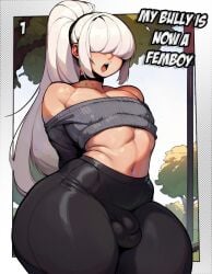 1boy ai_generated arms_behind_back bangs bare_shoulders big_ass big_butt big_thighs bulge choker comic comic_page covered_eyes femboy feminine feminine_male feminization hair_over_eyes huge_ass huge_butt large_ass large_butt large_thighs long_hair male_focus mrsadbat navel off_shoulder off_shoulder_sweater open_mouth otoko_no_ko outdoors pants ponytail sissification sissy solo sweater title_page trap white_hair