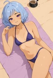 beach beautiful beautiful_females bikini blue_hair confused confused_expression female imminent_sex insecure káeli_xyovka_(character) kaybur_(series) la_coroneta_(series) on_towel purple_eyes romantic romantic_ambiance sand shy shy_expression skyblue_hair tan tan_body tan_skin tanlines tanned_female tanned_girl tanned_skin towel