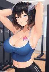 ai_generated armpit_fetish armpits arms_up black_hair bloodstained:_ritual_of_the_night blue_tank_top brown_hair female female_only gym hair_ornament horns large_breasts looking_at_viewer miriam_(bloodstained) multicolored_hair sweat tattoo tattoo_on_chest two_tone_hair upper_body wet