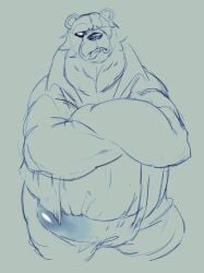 2025 anthro bear ben_bigger boner bulge clothing crossed_arms erection erection_under_clothing eye_scar facial_scar frown grey_background hi_res jacket lewdhank line_art male male_only mammal mihoyo monochrome overweight overweight_male scar simple_background solo solo_male thiren topwear zenless_zone_zero