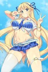 1girls 2025 artist_name belly belly_button belt blonde_hair boosty_username bra bracelet breasts double_peace_sign female green_eyes katsuragi_(senran_kagura) large_breasts lindaroze long_hair marvelous miniskirt necktie panties pantyshot peace_sign senran_kagura skimpy_clothes skirt sky smile sparkles stomach tagme tie tied_shirt toned toned_female twitter_link twitter_username url