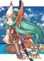 2009 breasts capcom felyne green_eyes green_hair hunter_(monster_hunter) hypno_(armor) hypno_s_(armor) long_hair long_sword_(mh) lynian mike_(pixiv49185) monster_hunter monster_hunter_frontier nipples tagme