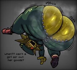1girls 2025 2d 2d_(artwork) ass ass_cleavage big_ass big_butt butt_crack clothing dialogue english english_dialogue english_text female female_only fly_gal_(androjunitaro) fly_girl green_body green_skin humanoid jumpsuit nanodude78 onomatopoeia open_mouth open_smile sharp_teeth shortstack smile swamp_ass sweat sweaty_ass sweaty_butt talking_to_viewer text unzipped unzipped_jumpsuit