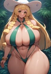 ai_generated belly_button big_breasts bikini blonde_hair bra cleavage collarbone female front_view gamefreak green_eyes high_res huge_breasts human large_breasts light-skinned_female light_skin lillie_(pokemon) long_hair nintendo pokefan_13 pokemon pokemon_(franchise) pokemon_sm sideboob smile swimsuit thick_thighs thighs underboob