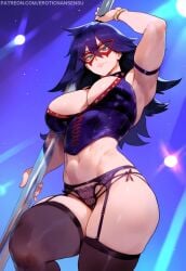 1girls 2d 2d_(artwork) ai_assisted ai_generated arms_up ass back bedroom_eyes big_ass big_breasts blue_eyes boku_no_hero_academia bracelet color curvy domino_mask erotic_nansensu female female_focus female_only garter_belt garter_straps indoors kayama_nemuri large_breasts leather_topwear lingerie long_hair looking_at_viewer midnight_(my_hero_academia) my_hero_academia nemuri_kayama patreon patreon_username pole pole_dancer pole_dancing purple_hair purple_topwear seductive seductive_look seductive_pose smile smiling smiling_at_viewer stockings stripper stripper_pole teasing thick_ass thick_thighs wip