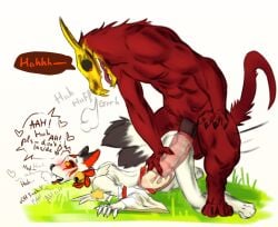 absurd_res anthro bodily_fluids bovid canid canine caprine caprine_demon clothing cum cum_in_pussy cum_in_uterus cum_inside demon duo fox genital_fluids genitals goat_demon hi_res male male/male mammal mbt penetration penis text_box uterus vaginal_penetration vaginal_penetration x-ray_view