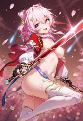 honkai:_star_rail march_7th_(honkai:_star_rail) no_bra no_panties pink_hair pussy_juice_drip raaicave small_breasts training