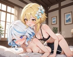 2girls ai_assisted ai_generated bike_shorts from_behind furina_(genshin_impact) genshin_impact lightomen lumine_(genshin_impact) patreon yuri