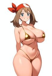 absurd_res ai_generated anime_style big_breasts bikini bikini_bottom bikini_top brown_hair cleavage female flag gamefreak gloves gold_bikini hand_on_hip high_res huge_breasts human large_breasts may_(pokemon) nintendo pokemon pokemon_(anime) smile